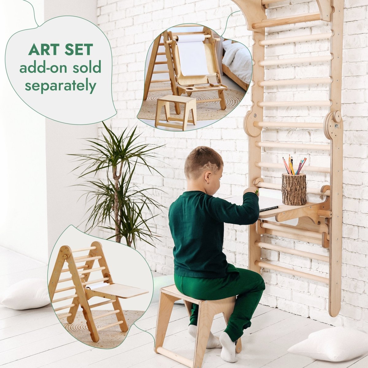 3‑en‑1 : mur suédois en bois / échelle d’escalade pour enfants + ensemble de balançoires + planche de glisse