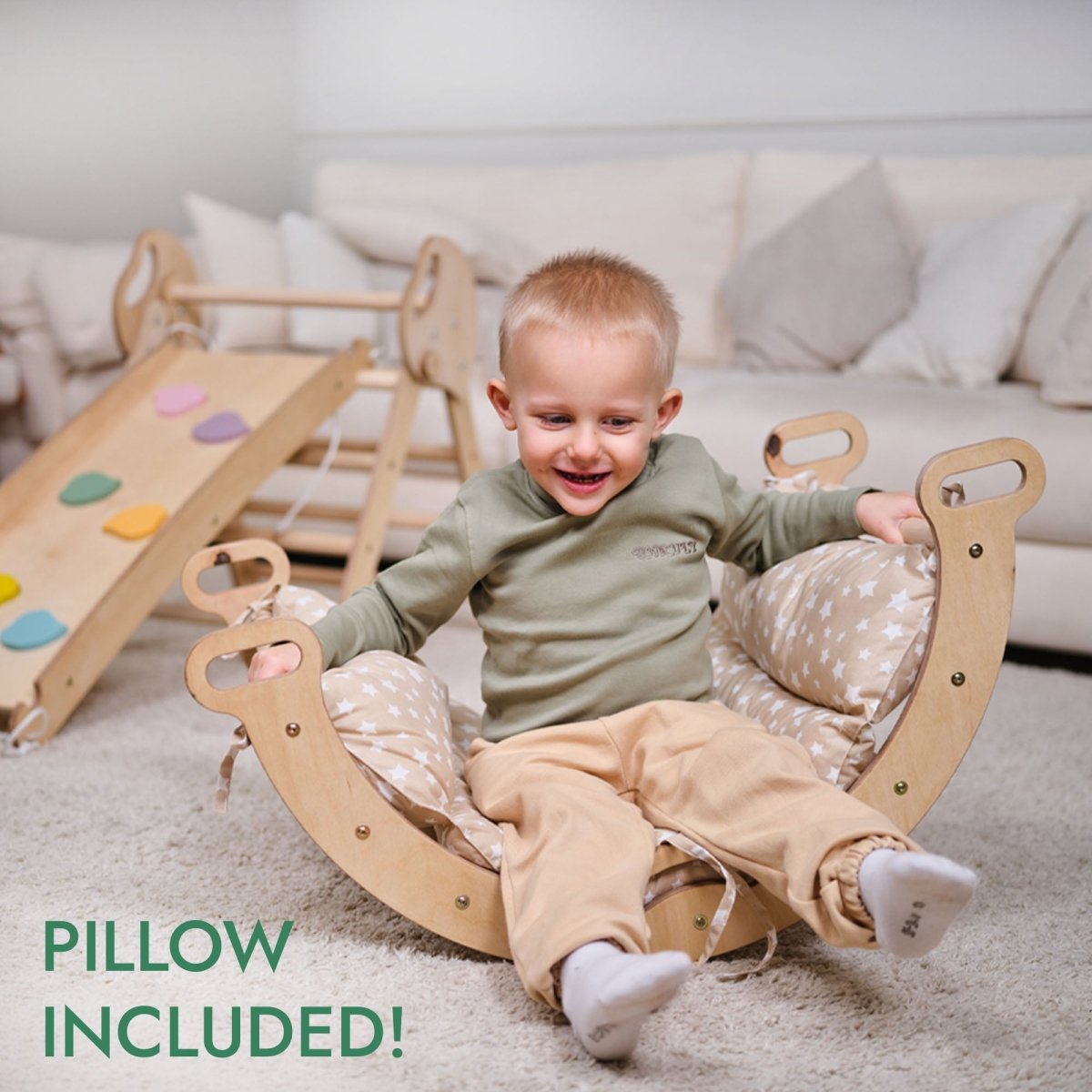 Ensemble d’escalade Montessori 4‑en‑1 : triangle Pikler, arche, planche de glisse et coussin pour tout‑petits (1 à 3 ans)