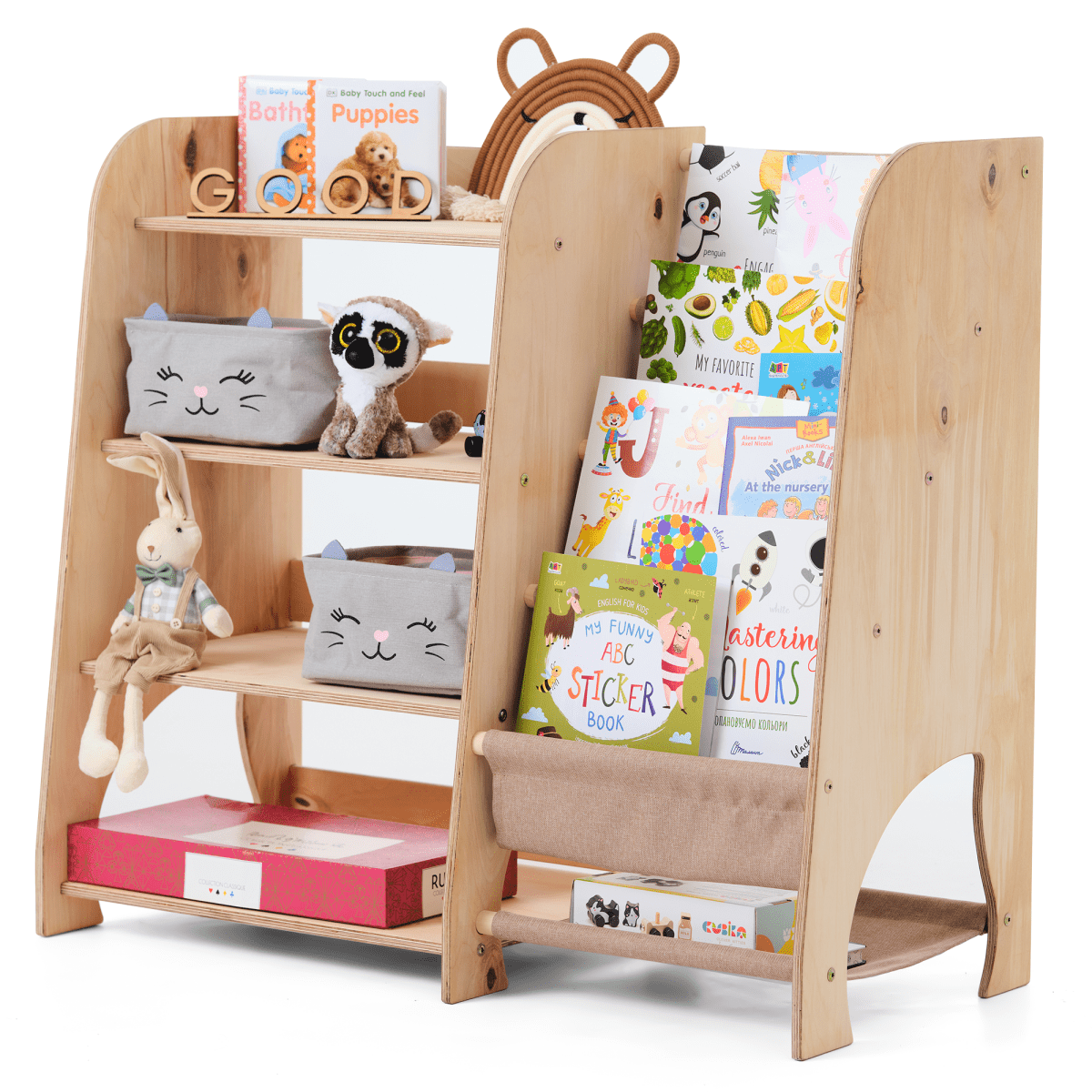Étagère de bois 2‑en‑1 pour livres et jouets