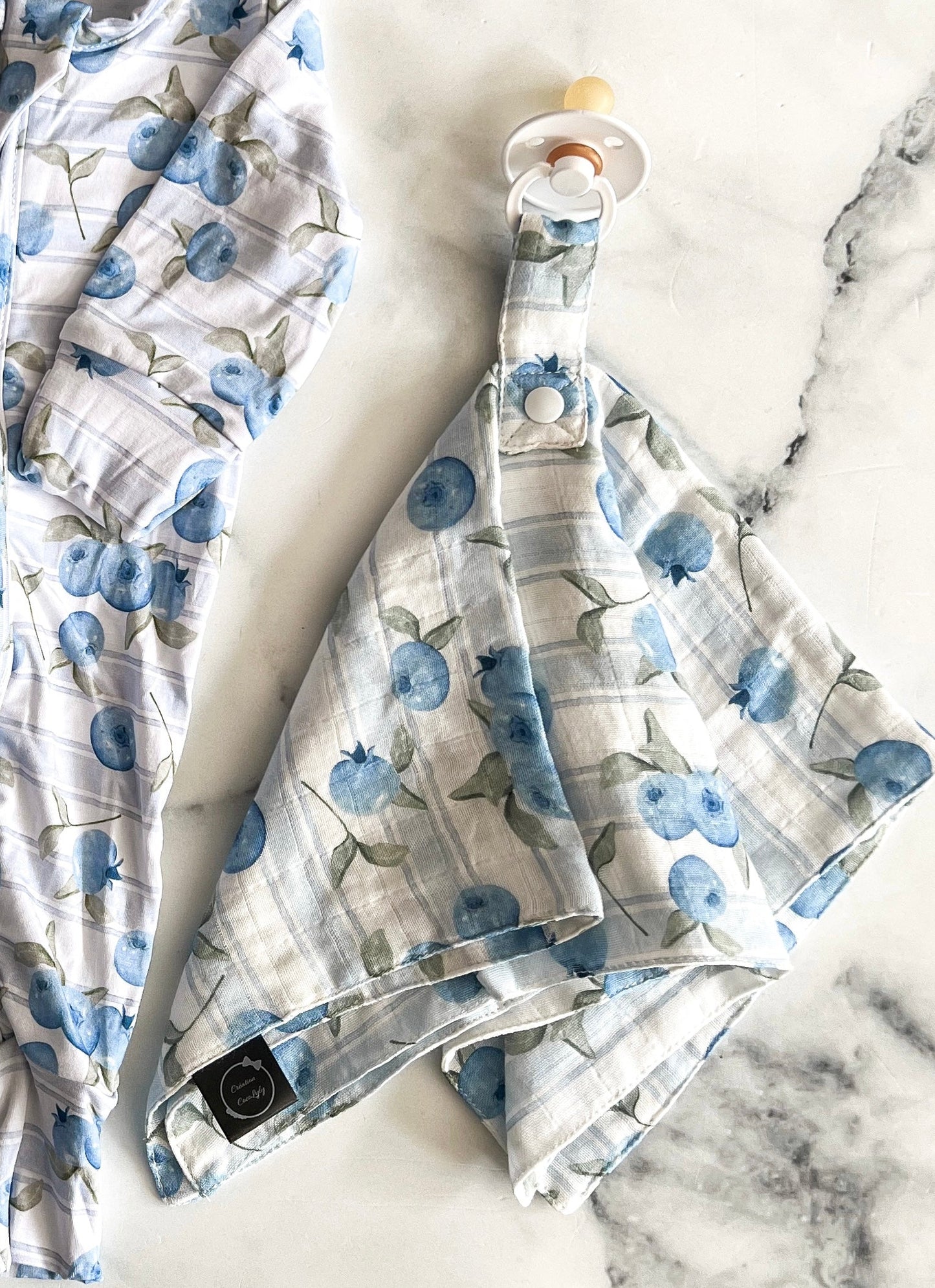 Bamboo muslin blueberry pacifier clip