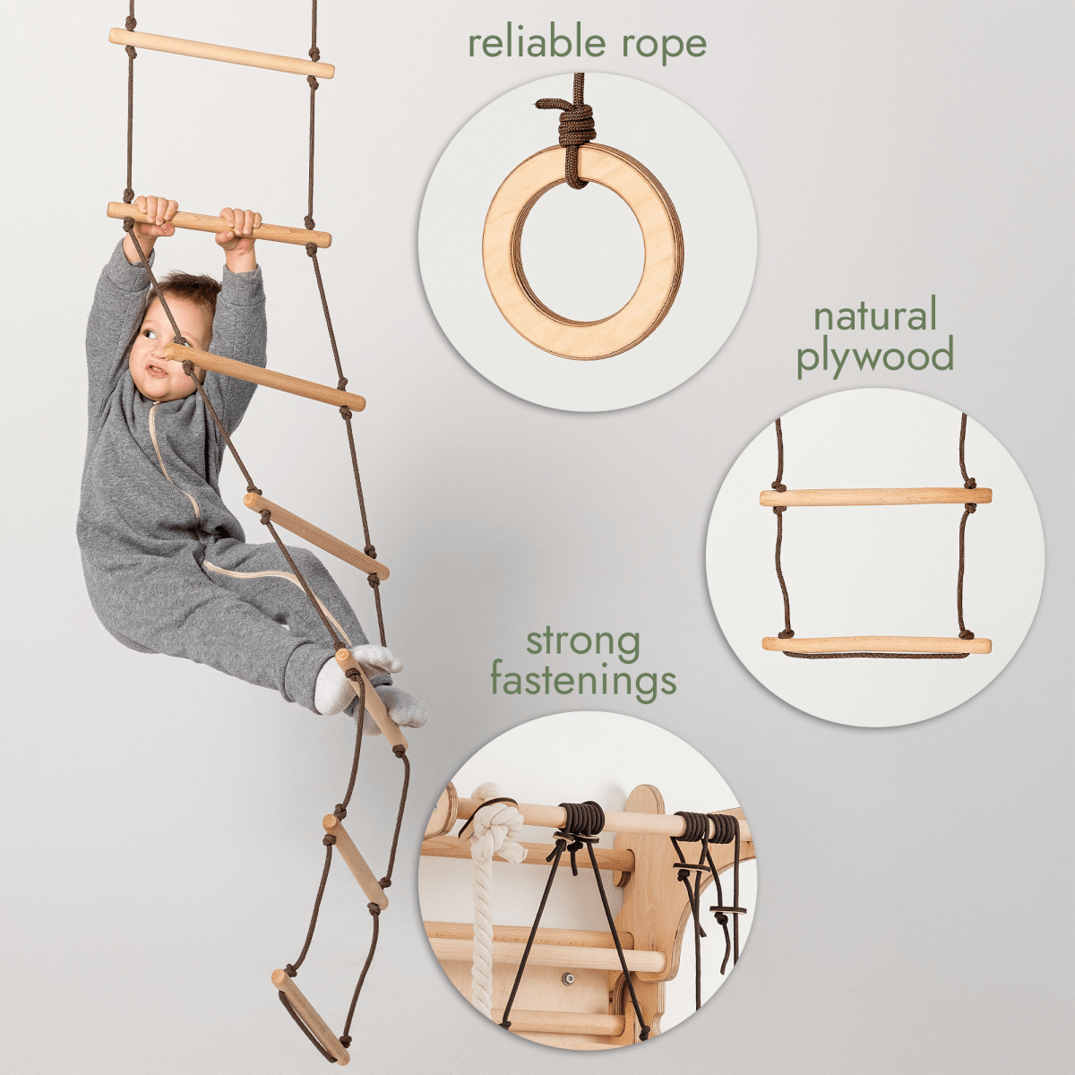Ensemble de balançoires 3‑en‑1 : échelle de corde + anneaux de gymnastique + balançoire à disque