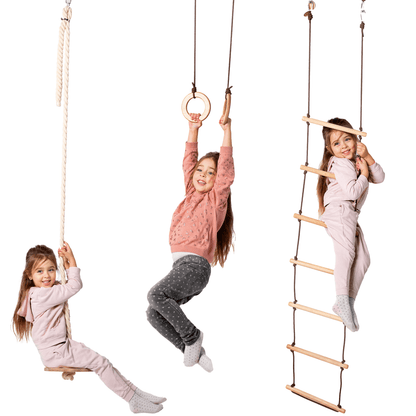 Ensemble de balançoires 3‑en‑1 : échelle de corde + anneaux de gymnastique + balançoire à disque