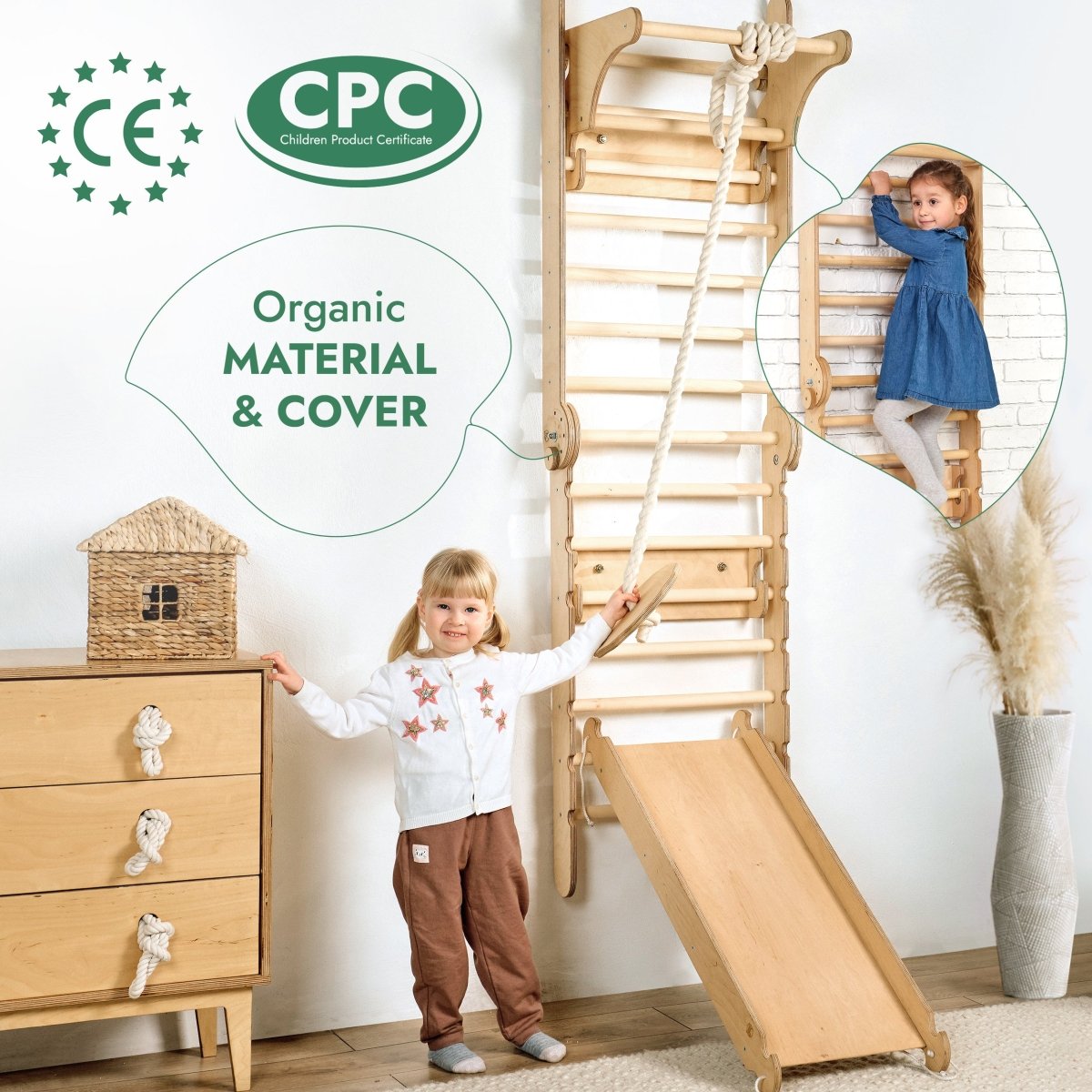 3‑en‑1 : mur suédois en bois / échelle d’escalade pour enfants + ensemble de balançoires + planche de glisse