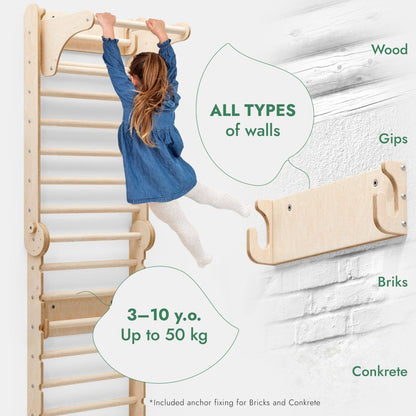 3‑en‑1 : mur suédois en bois / échelle d’escalade pour enfants + ensemble de balançoires + planche de glisse