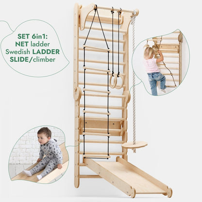 3‑en‑1 : mur suédois en bois / échelle d’escalade pour enfants + ensemble de balançoires + planche de glisse