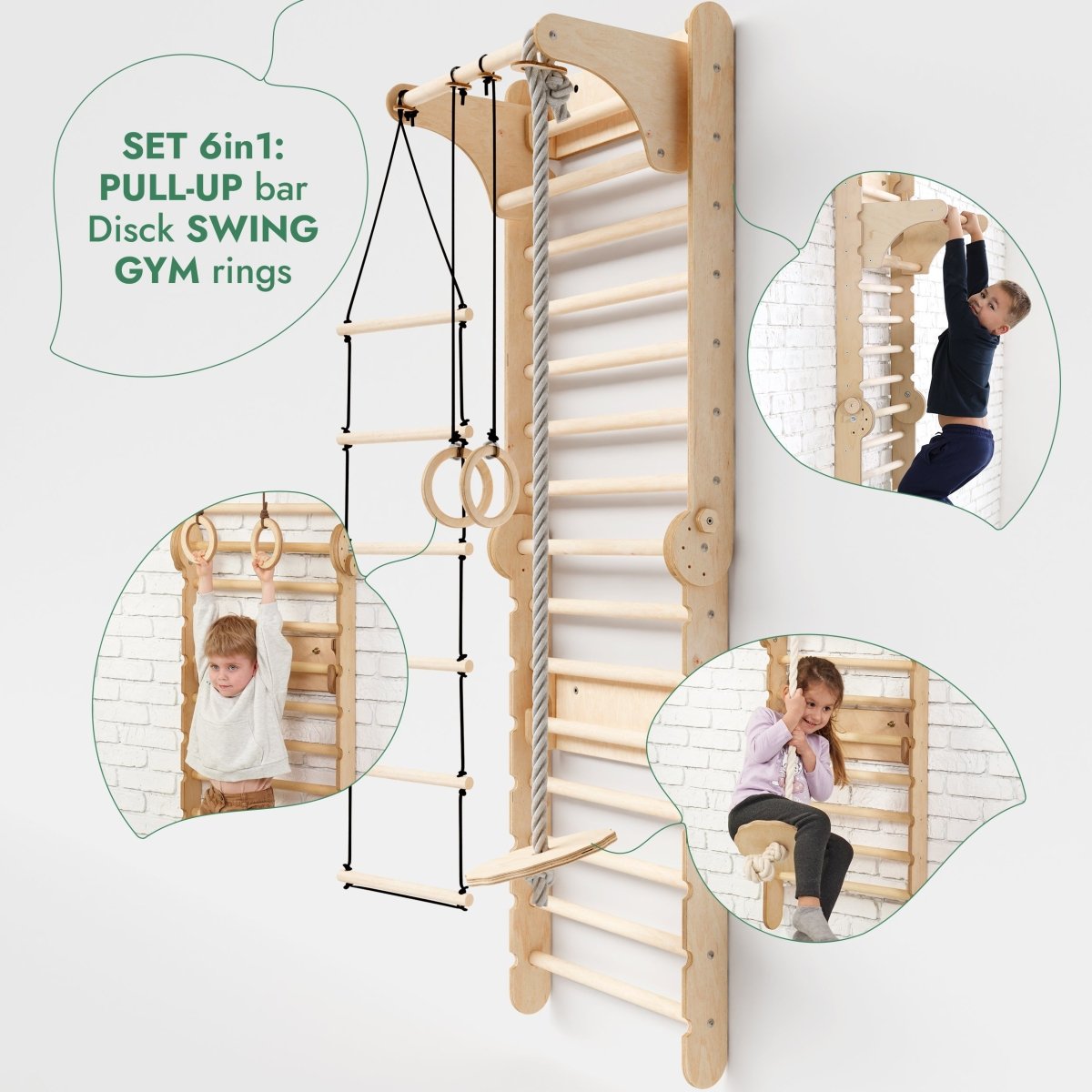 3‑en‑1 : mur suédois en bois / échelle d’escalade pour enfants + ensemble de balançoires + planche de glisse