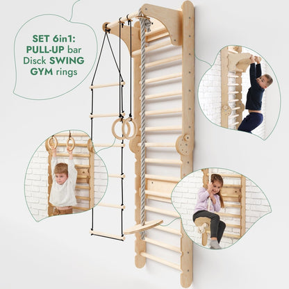 3‑en‑1 : mur suédois en bois / échelle d’escalade pour enfants + ensemble de balançoires + planche de glisse