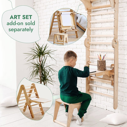 3‑en‑1 : mur suédois en bois / échelle d’escalade pour enfants + ensemble de balançoires + planche de glisse