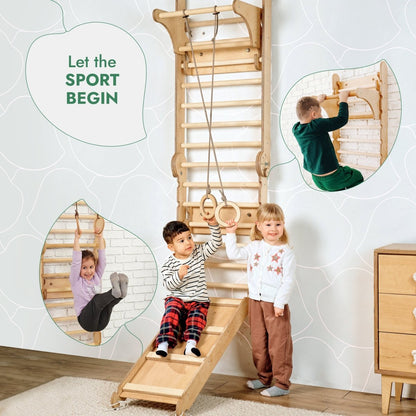 3‑en‑1 : mur suédois en bois / échelle d’escalade pour enfants + ensemble de balançoires + planche de glisse