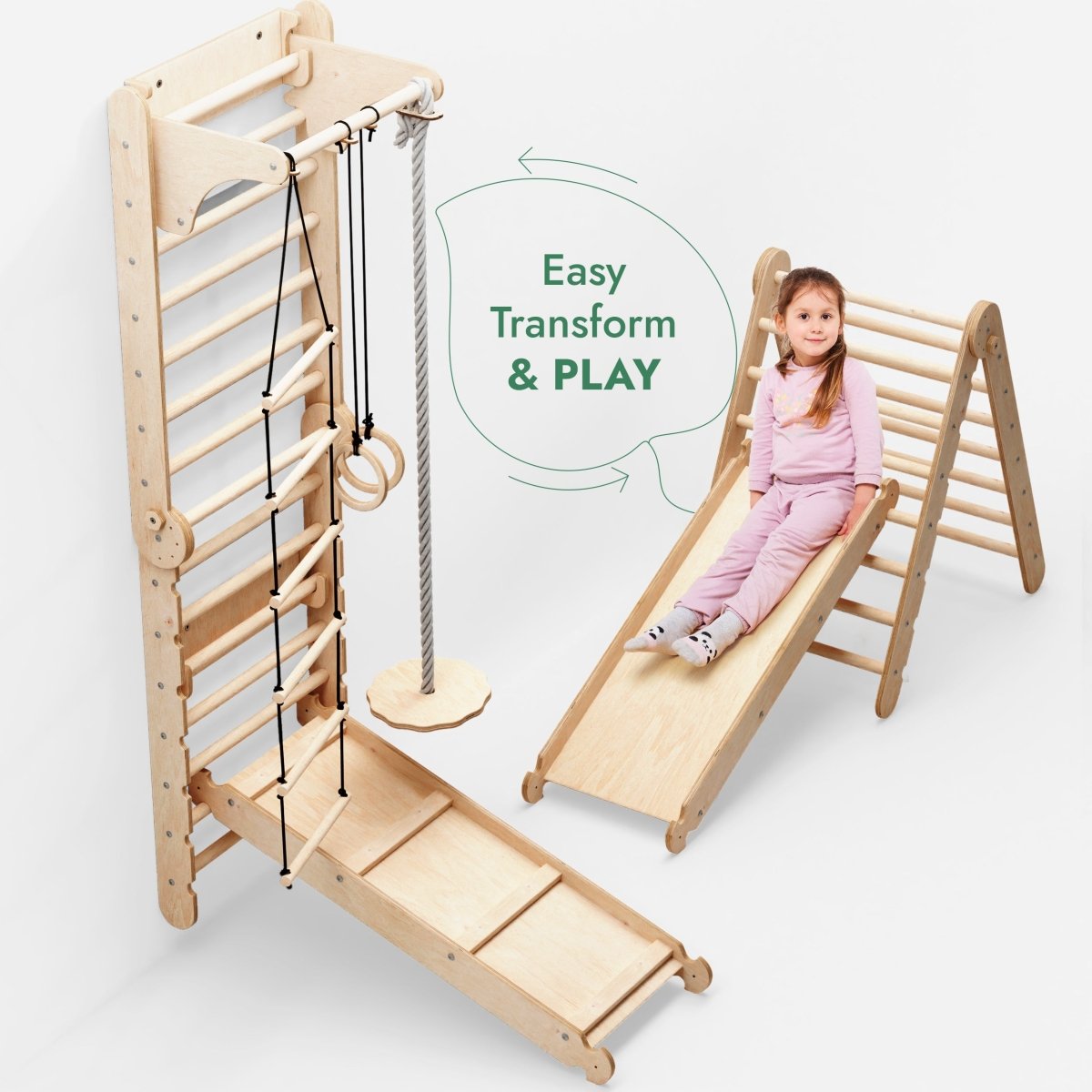 3‑en‑1 : mur suédois en bois / échelle d’escalade pour enfants + ensemble de balançoires + planche de glisse