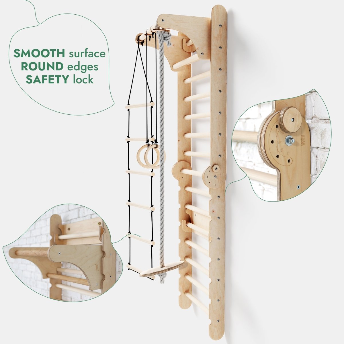 3‑en‑1 : mur suédois en bois / échelle d’escalade pour enfants + ensemble de balançoires + planche de glisse