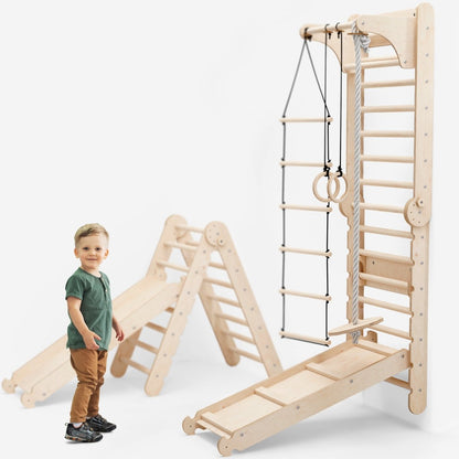 3‑en‑1 : mur suédois en bois / échelle d’escalade pour enfants + ensemble de balançoires + planche de glisse