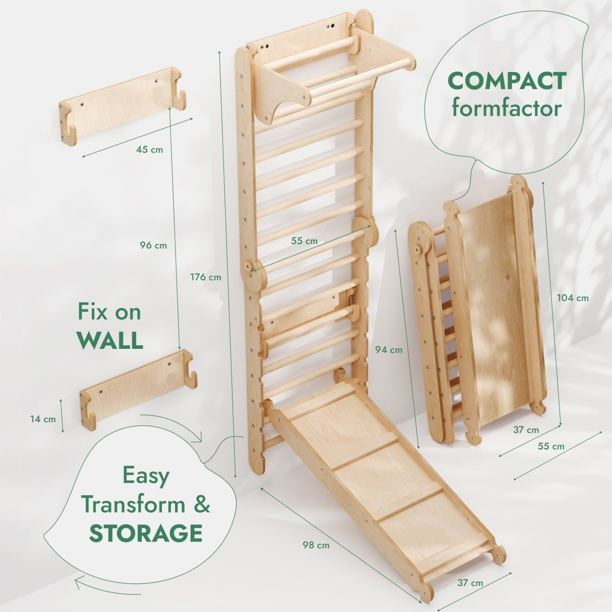 3‑en‑1 : mur suédois en bois / échelle d’escalade pour enfants + ensemble de balançoires + planche de glisse