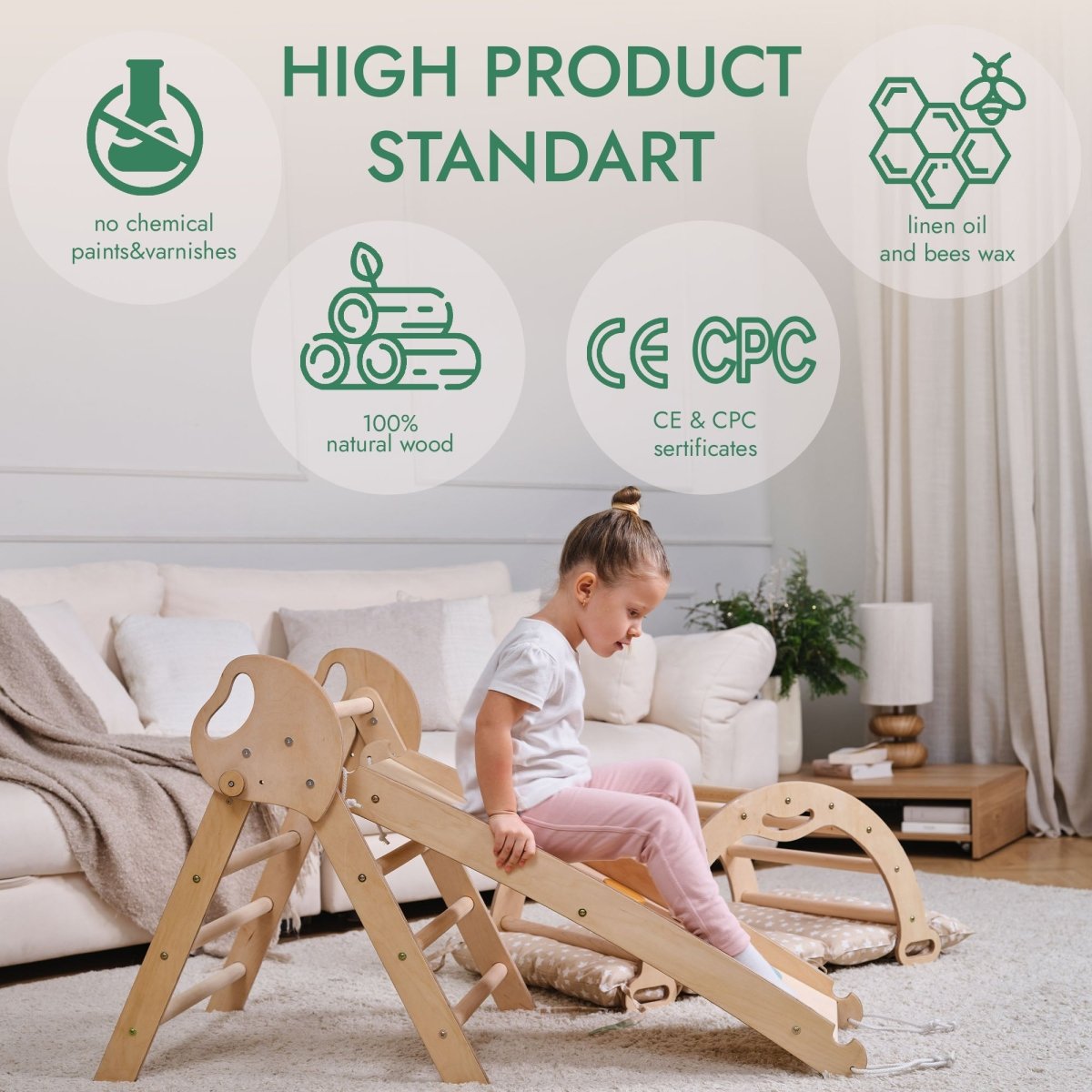 Ensemble d’escalade Montessori 4‑en‑1 : triangle Pikler, arche, planche de glisse et coussin pour tout‑petits (1 à 3 ans)
