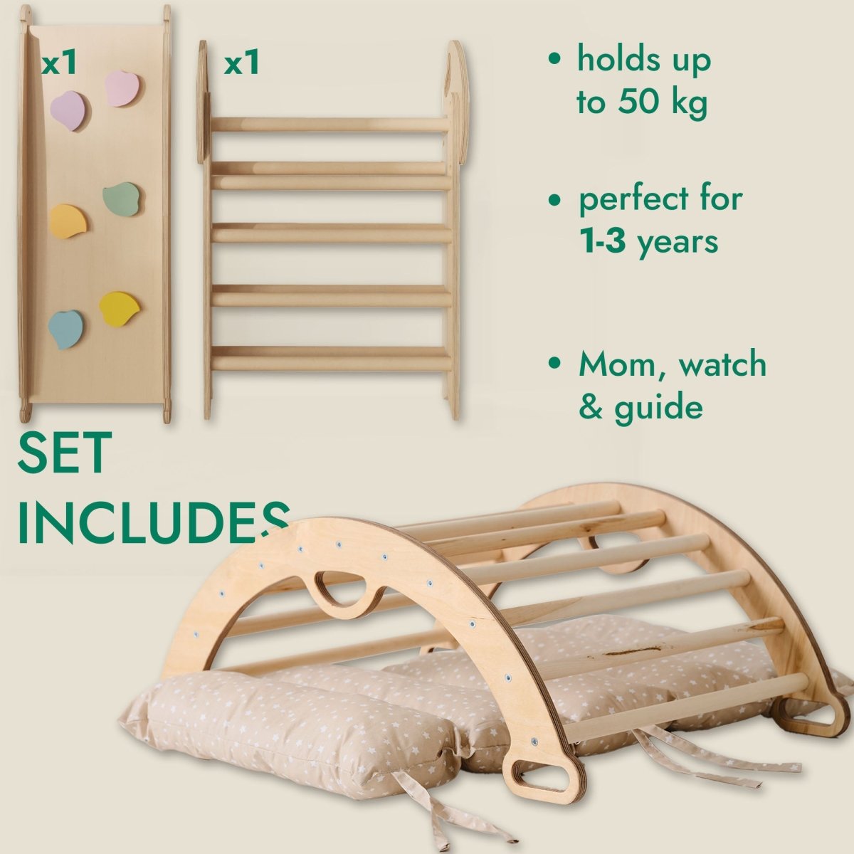 Ensemble d’escalade Montessori 4‑en‑1 : triangle Pikler, arche, planche de glisse et coussin pour tout‑petits (1 à 3 ans)