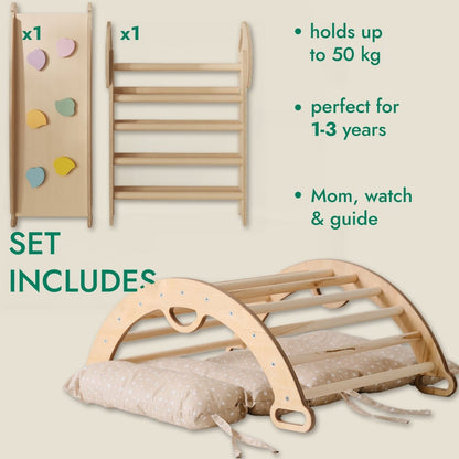 Ensemble d’escalade Montessori 4‑en‑1 : triangle Pikler, arche, planche de glisse et coussin pour tout‑petits (1 à 3 ans)