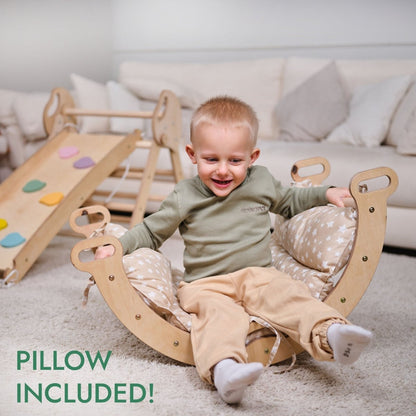 Ensemble d’escalade Montessori 4‑en‑1 : triangle Pikler, arche, planche de glisse et coussin pour tout‑petits (1 à 3 ans)