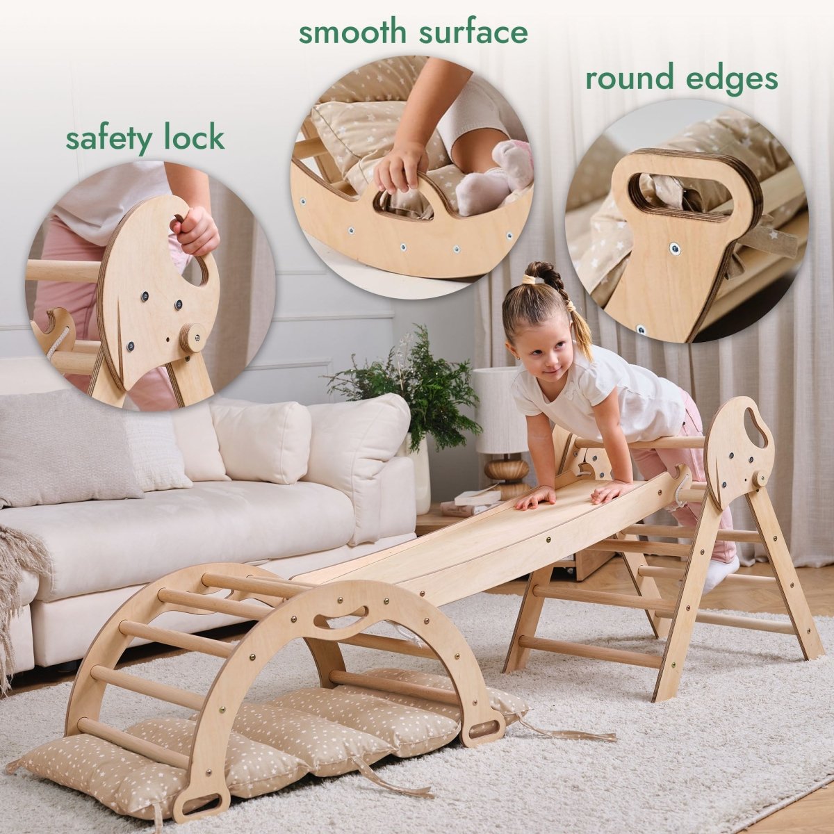 Ensemble d’escalade Montessori 4‑en‑1 : triangle Pikler, arche, planche de glisse et coussin pour tout‑petits (1 à 3 ans)