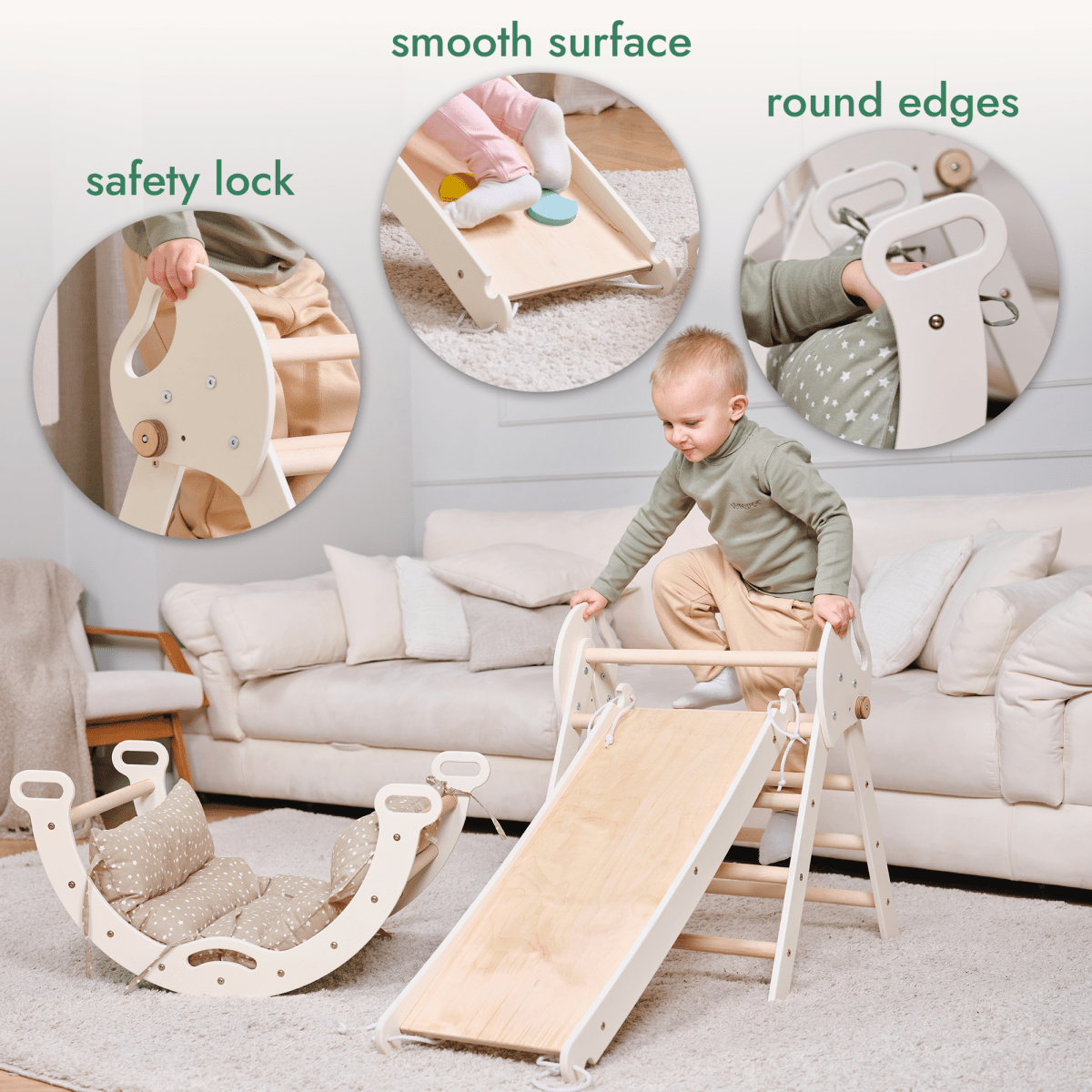 Ensemble d’escalade Montessori 4‑en‑1 : triangle Pikler, arche, planche de glisse et coussin pour tout‑petits (1 à 3 ans)