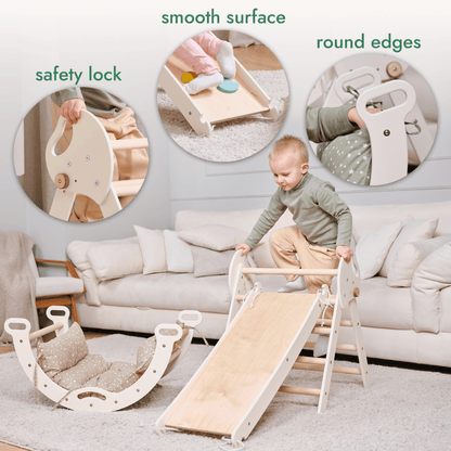 Ensemble d’escalade Montessori 4‑en‑1 : triangle Pikler, arche, planche de glisse et coussin pour tout‑petits (1 à 3 ans)