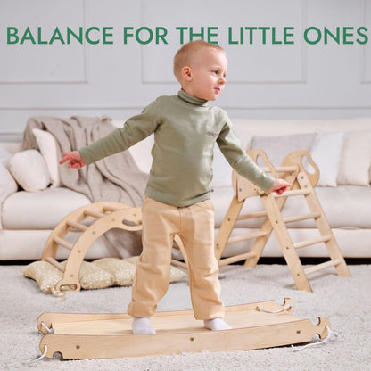Ensemble d’escalade Montessori 4‑en‑1 : triangle Pikler, arche, planche de glisse et coussin pour tout‑petits (1 à 3 ans)