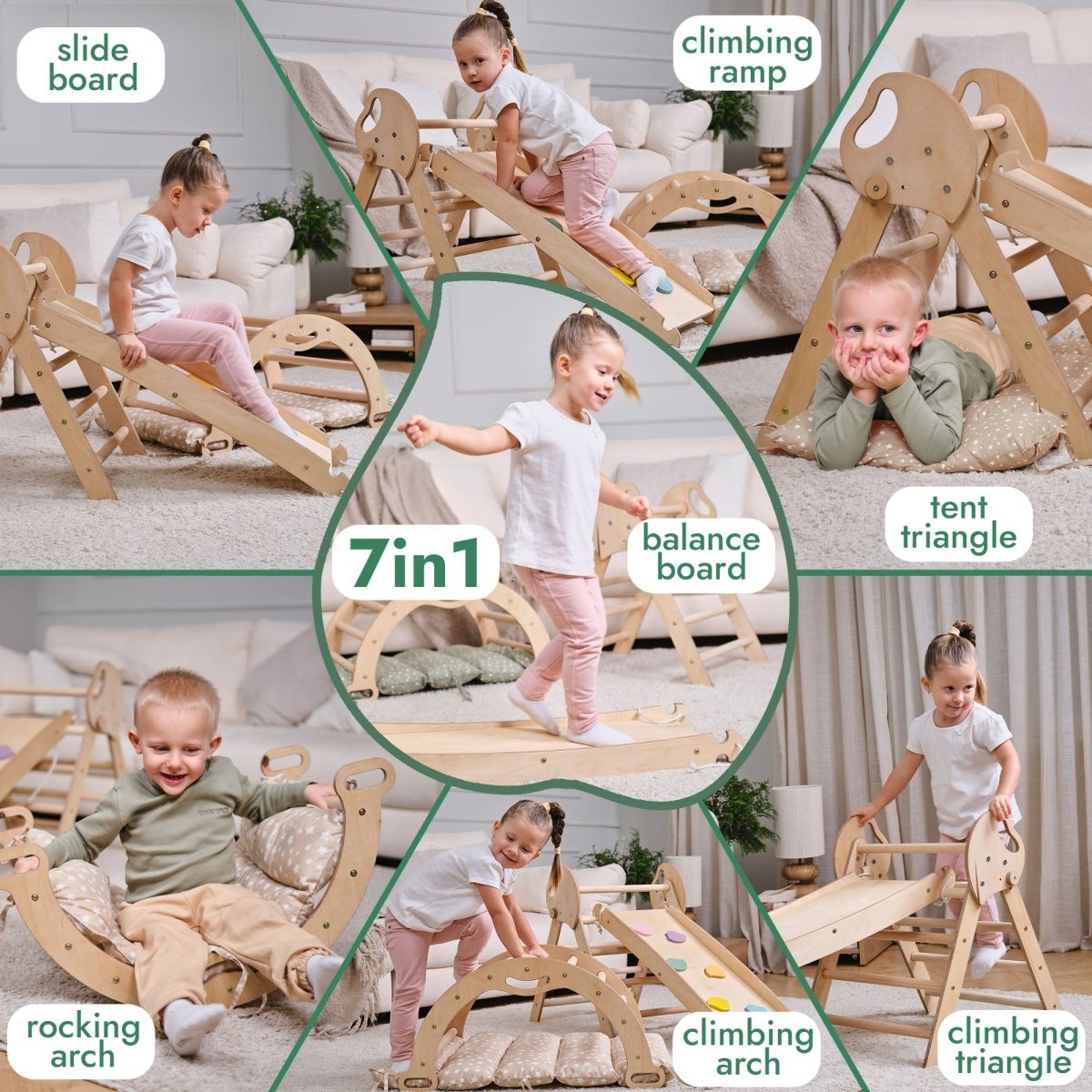 Ensemble d’escalade Montessori 4‑en‑1 : triangle Pikler, arche, planche de glisse et coussin pour tout‑petits (1 à 3 ans)