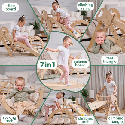 Ensemble d’escalade Montessori 4‑en‑1 : triangle Pikler, arche, planche de glisse et coussin pour tout‑petits (1 à 3 ans)