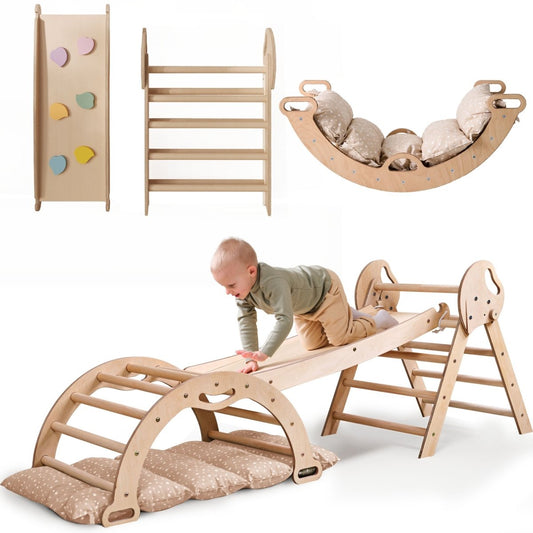 Ensemble d’escalade Montessori 4‑en‑1 : triangle Pikler, arche, planche de glisse et coussin pour tout‑petits (1 à 3 ans)