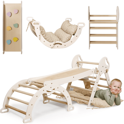 Ensemble d’escalade Montessori 4‑en‑1 : triangle Pikler, arche, planche de glisse et coussin pour tout‑petits (1 à 3 ans)