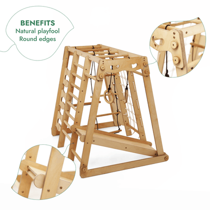 Gym intérieur 6‑en‑1 pour tout‑petit : aire de jeux + ensemble de balançoires + planche de glisse + corde + escaliers