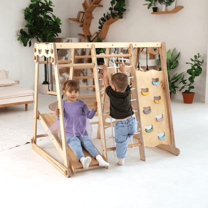 Gym intérieur 6‑en‑1 pour tout‑petit : aire de jeux + ensemble de balançoires + planche de glisse + corde + escaliers