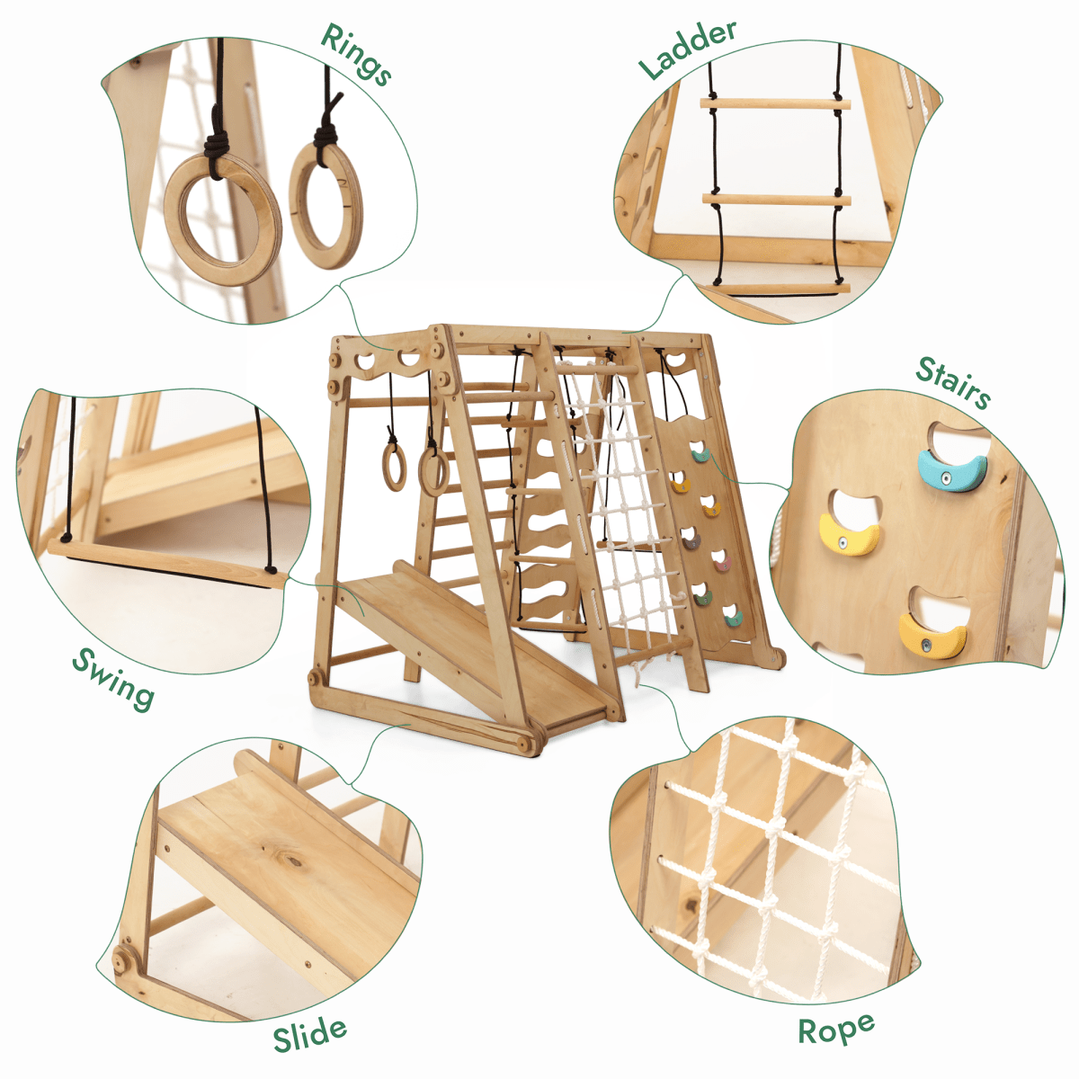Gym intérieur 6‑en‑1 pour tout‑petit : aire de jeux + ensemble de balançoires + planche de glisse + corde + escaliers
