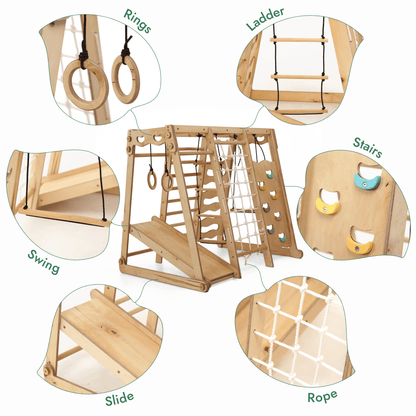 Gym intérieur 6‑en‑1 pour tout‑petit : aire de jeux + ensemble de balançoires + planche de glisse + corde + escaliers
