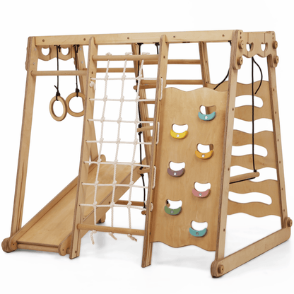 Gym intérieur 6‑en‑1 pour tout‑petit : aire de jeux + ensemble de balançoires + planche de glisse + corde + escaliers