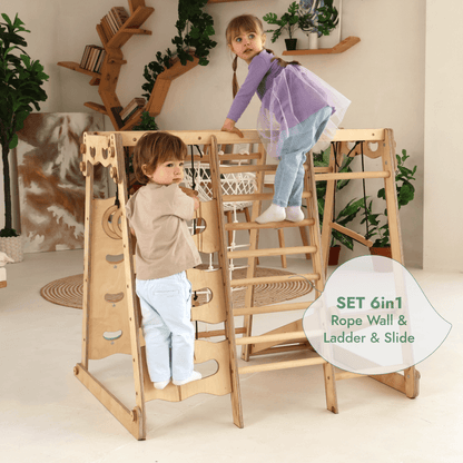 Gym intérieur 6‑en‑1 pour tout‑petit : aire de jeux + ensemble de balançoires + planche de glisse + corde + escaliers
