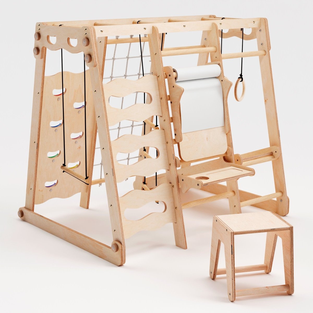 Gym intérieur 6‑en‑1 pour tout‑petit : aire de jeux + ensemble de balançoires + planche de glisse + corde + escaliers