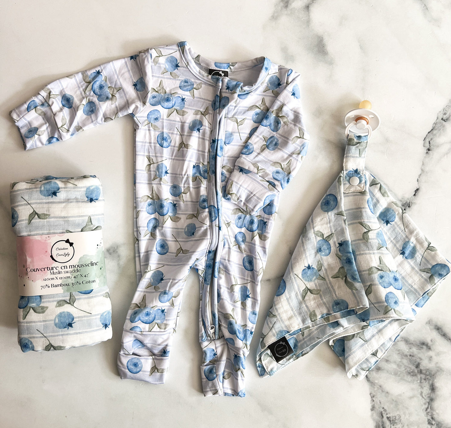 Bamboo muslin blueberry pacifier clip