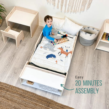 APPLE JUNIOR – Lit Montessori au sol avec barrières et étagères