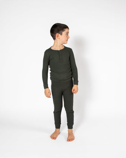 Ensemble de pyjama long deux pièces gaufré vert forêt foncé