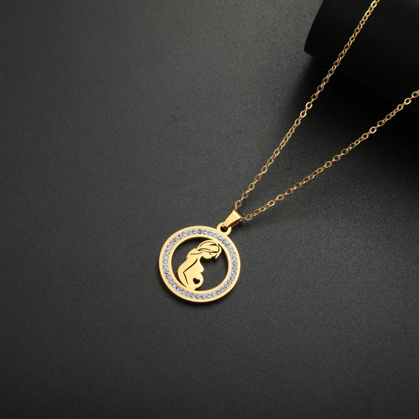 Collier Maman Enceinte  Bébé | Charm Rond Zircon en Acier Inoxydable