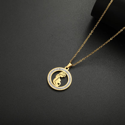 Collier Maman Enceinte  Bébé | Charm Rond Zircon en Acier Inoxydable