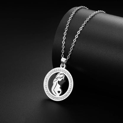 Collier Maman Enceinte  Bébé | Charm Rond Zircon en Acier Inoxydable