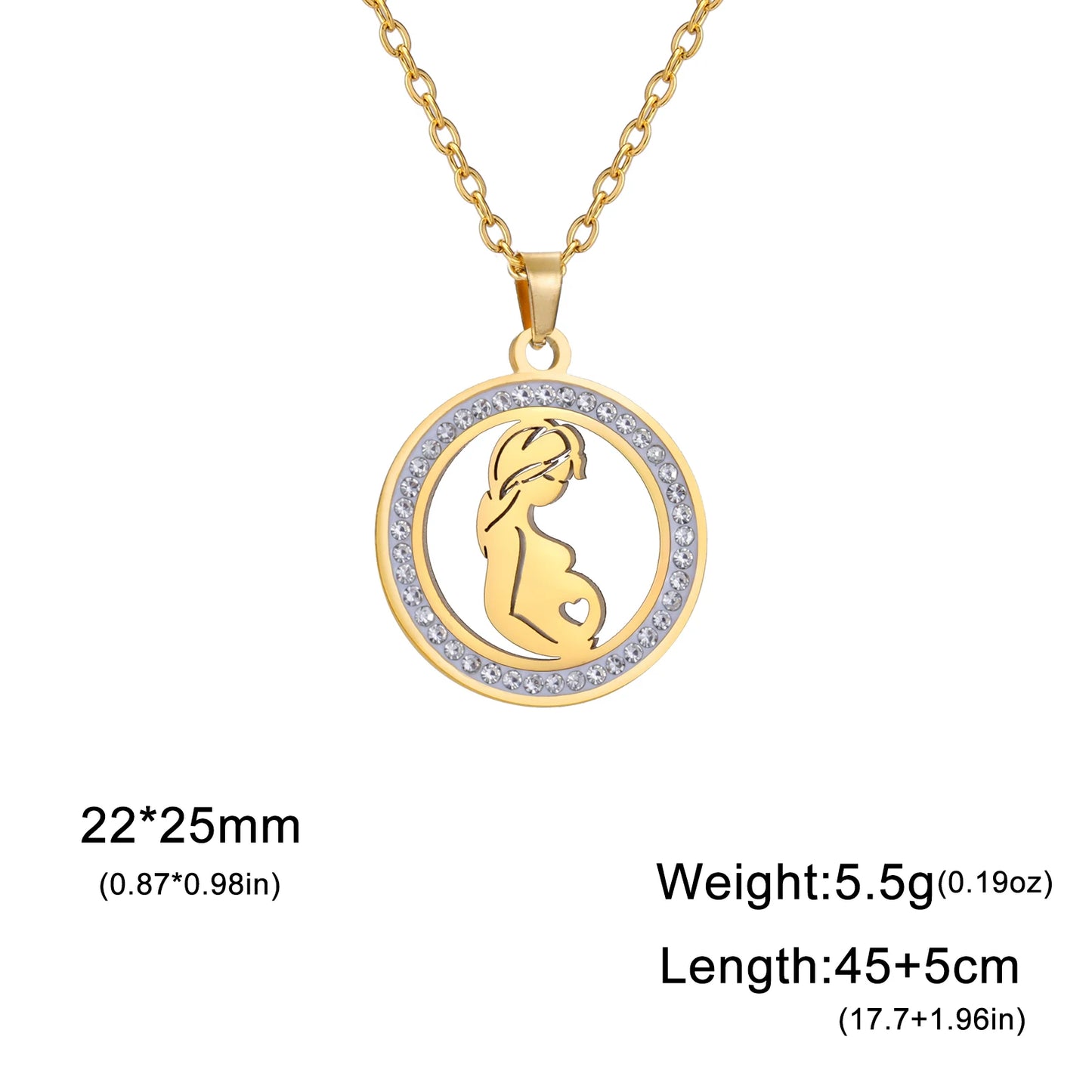 Collier Maman Enceinte  Bébé | Charm Rond Zircon en Acier Inoxydable