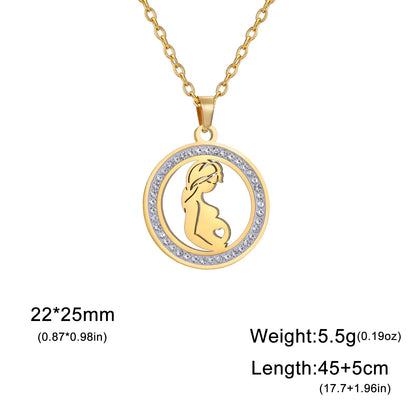 Collier Maman Enceinte  Bébé | Charm Rond Zircon en Acier Inoxydable