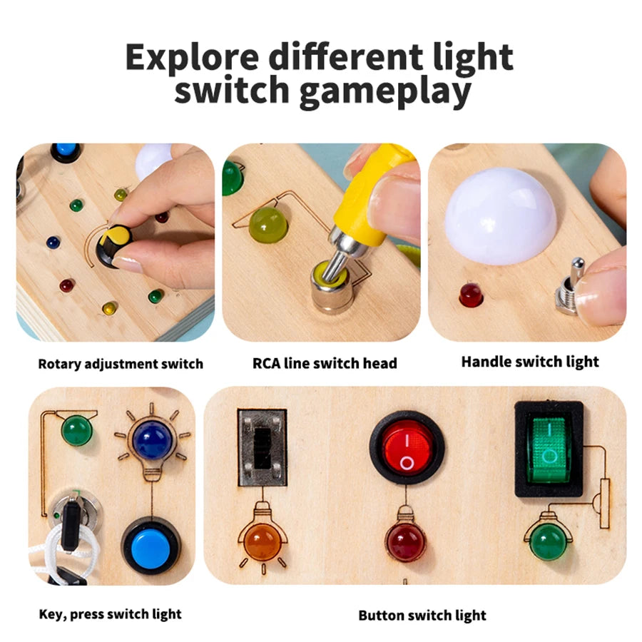 Busy Board Montessori Lumineuse – Planche Sensorielle en Bois
