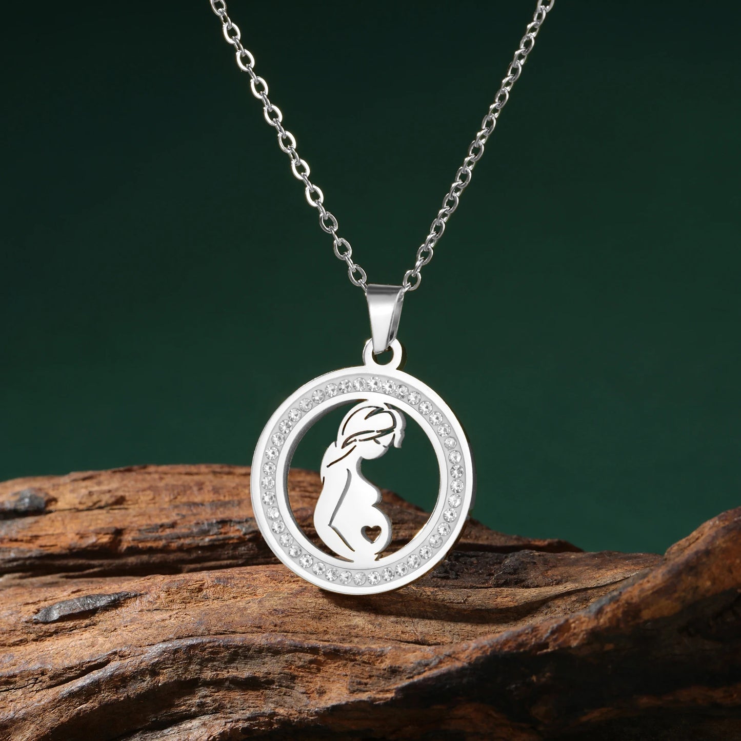 Collier Maman Enceinte  Bébé | Charm Rond Zircon en Acier Inoxydable