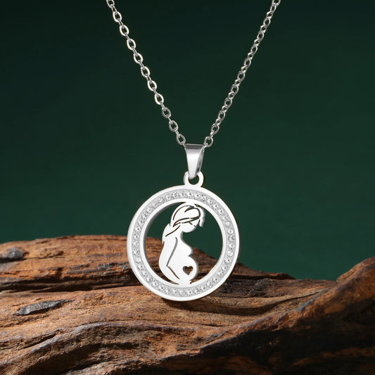 Collier Maman Enceinte  Bébé | Charm Rond Zircon en Acier Inoxydable