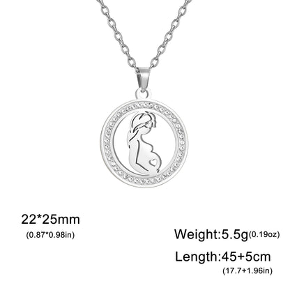 Collier Maman Enceinte  Bébé | Charm Rond Zircon en Acier Inoxydable