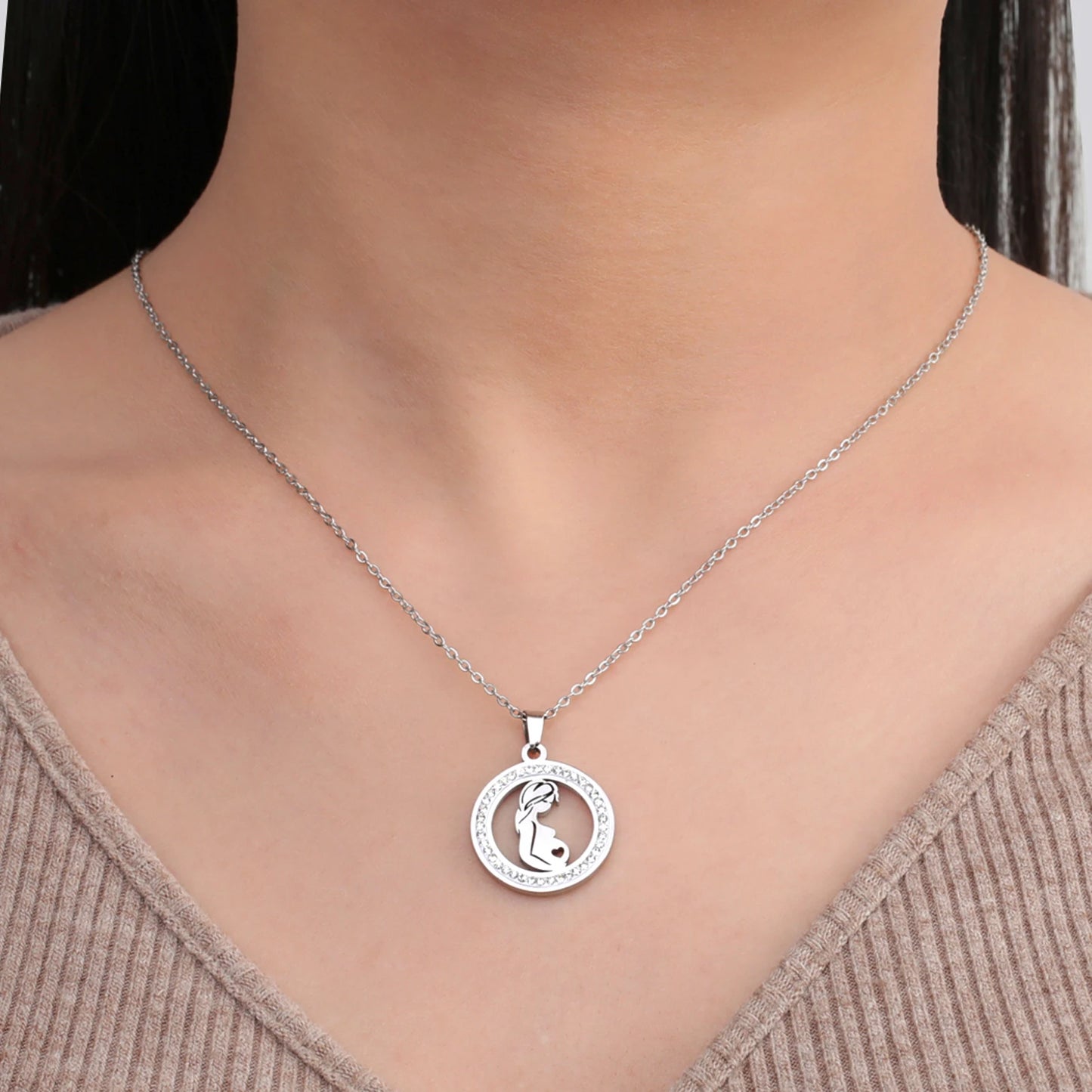 Collier Maman Enceinte  Bébé | Charm Rond Zircon en Acier Inoxydable