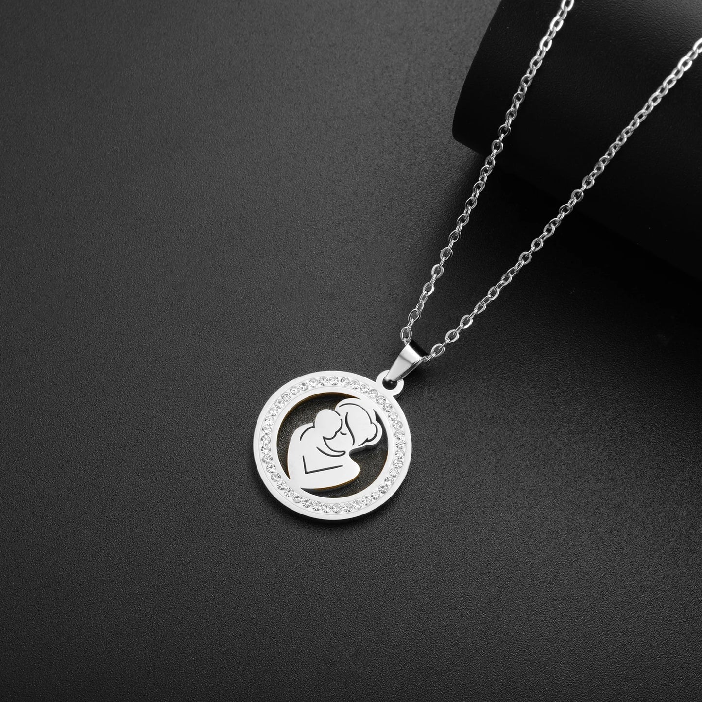 Collier Maman Enceinte  Bébé | Charm Rond Zircon en Acier Inoxydable